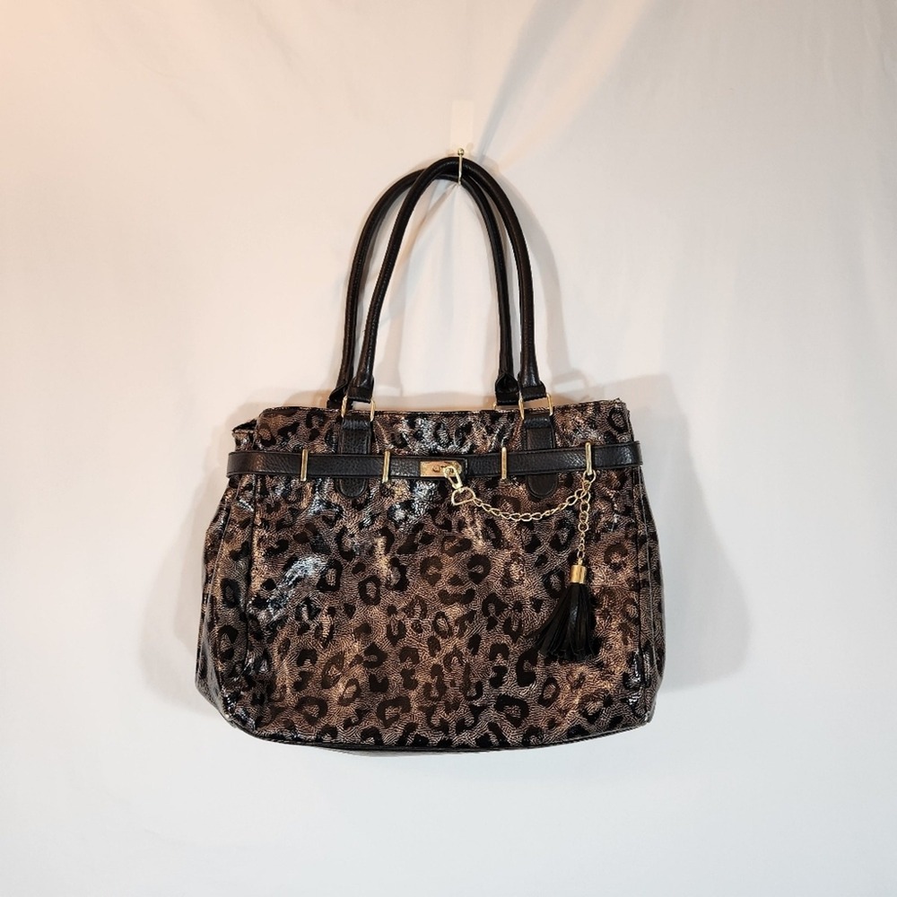 CHARMING CHARLIE Tote Bag Womens Large Black Leopard Print Tassel Work Satchel